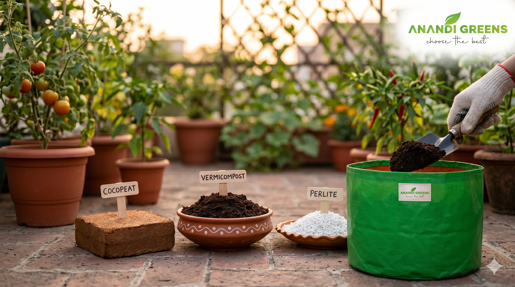  Best terrace garden soil mix for grow bags — cocopeat, vermicompost, and perlite being combined on Indian rooftop by Anandi Greens