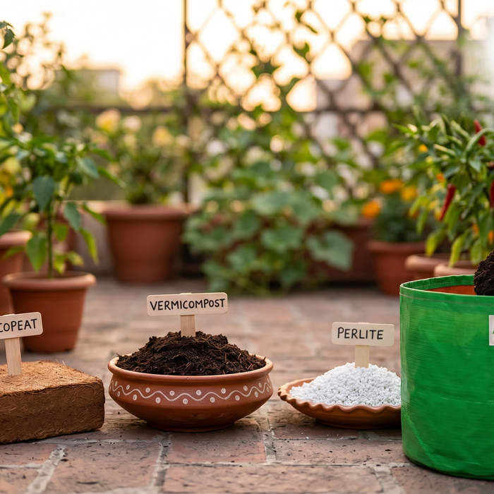  Best terrace garden soil mix for grow bags — cocopeat, vermicompost, and perlite being combined on Indian rooftop by Anandi Greens