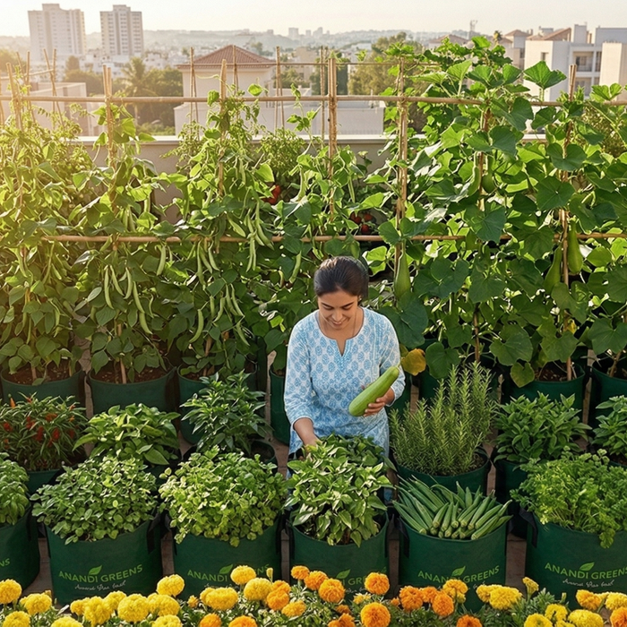Vertical terrace garden in India with grow bags and trellis supporting climbing vegetables — space-saving terrace gardening ideas from Anandi Greens