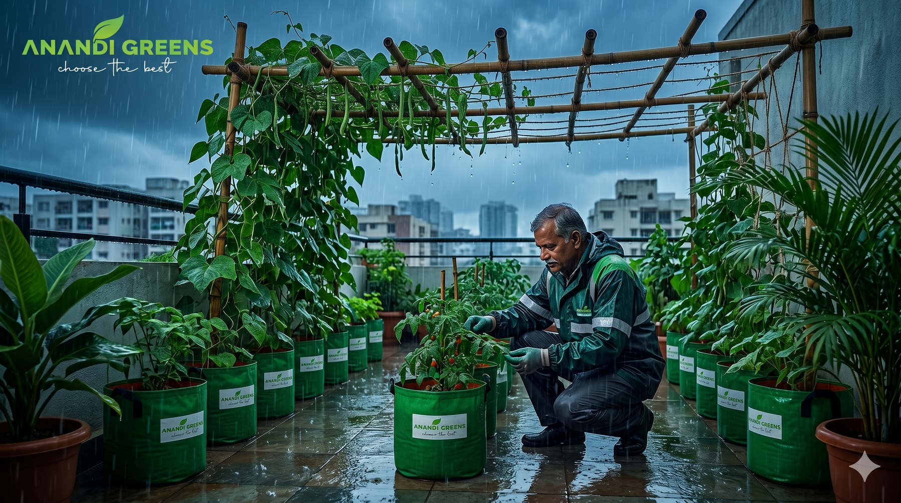 Monsoon terrace garden with grow bags and climbing vegetables in July rains — monsoon gardening guide India by Anandi Greens