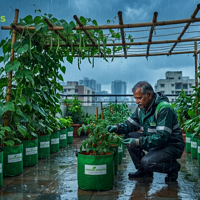 Monsoon terrace garden with grow bags and climbing vegetables in July rains — monsoon gardening guide India by Anandi Greens