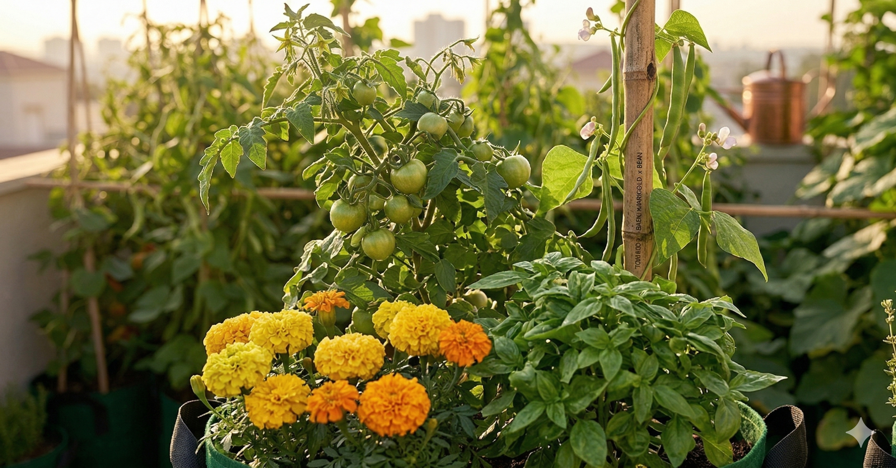 Companion planting in terrace grow bags — tomatoes, basil and marigolds growing together in Anandi Greens fabric grow bags on an Indian terrace