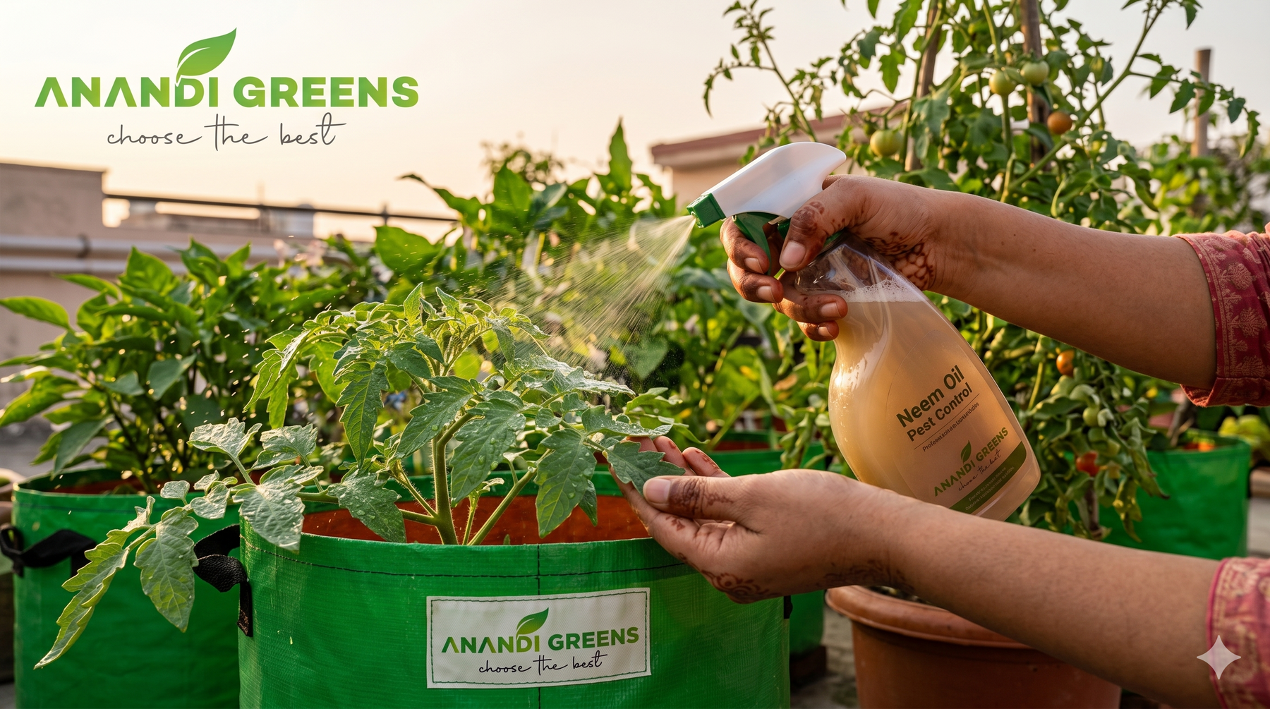 Organic pest control for terrace garden — gardener spraying neem oil on grow bag plants, chemical-free gardening with Anandi Greens