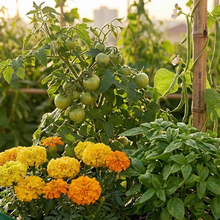 Companion planting in terrace grow bags — tomatoes, basil and marigolds growing together in Anandi Greens fabric grow bags on an Indian terrace