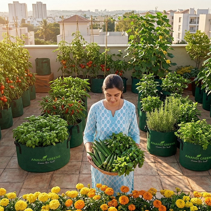 Summer terrace garden in India with grow bags, climbing vegetables and marigolds on rooftop — summer terrace gardening with Anandi Greens