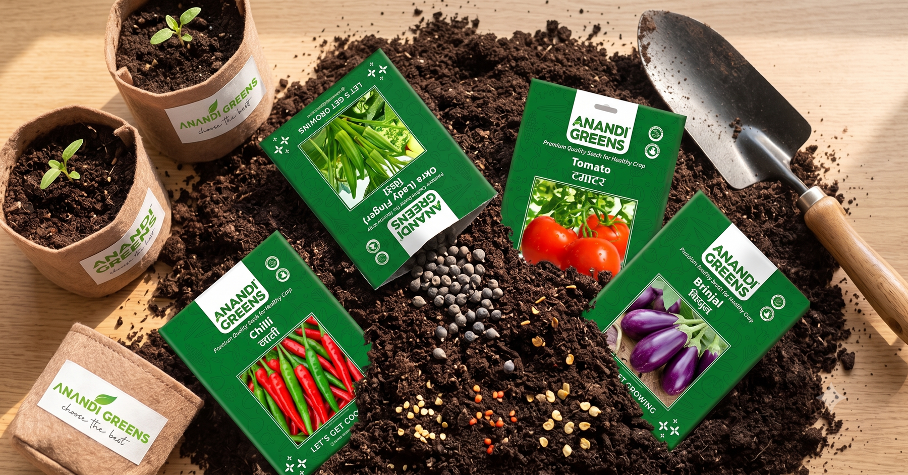 Assorted vegetable seed packets on soil background for buying vegetable seeds online in India
