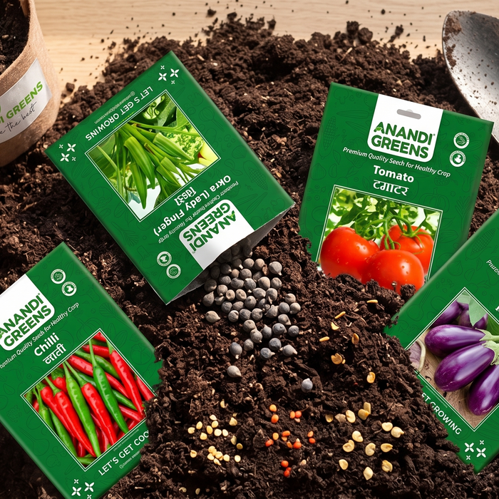 Assorted vegetable seed packets on soil background for buying vegetable seeds online in India