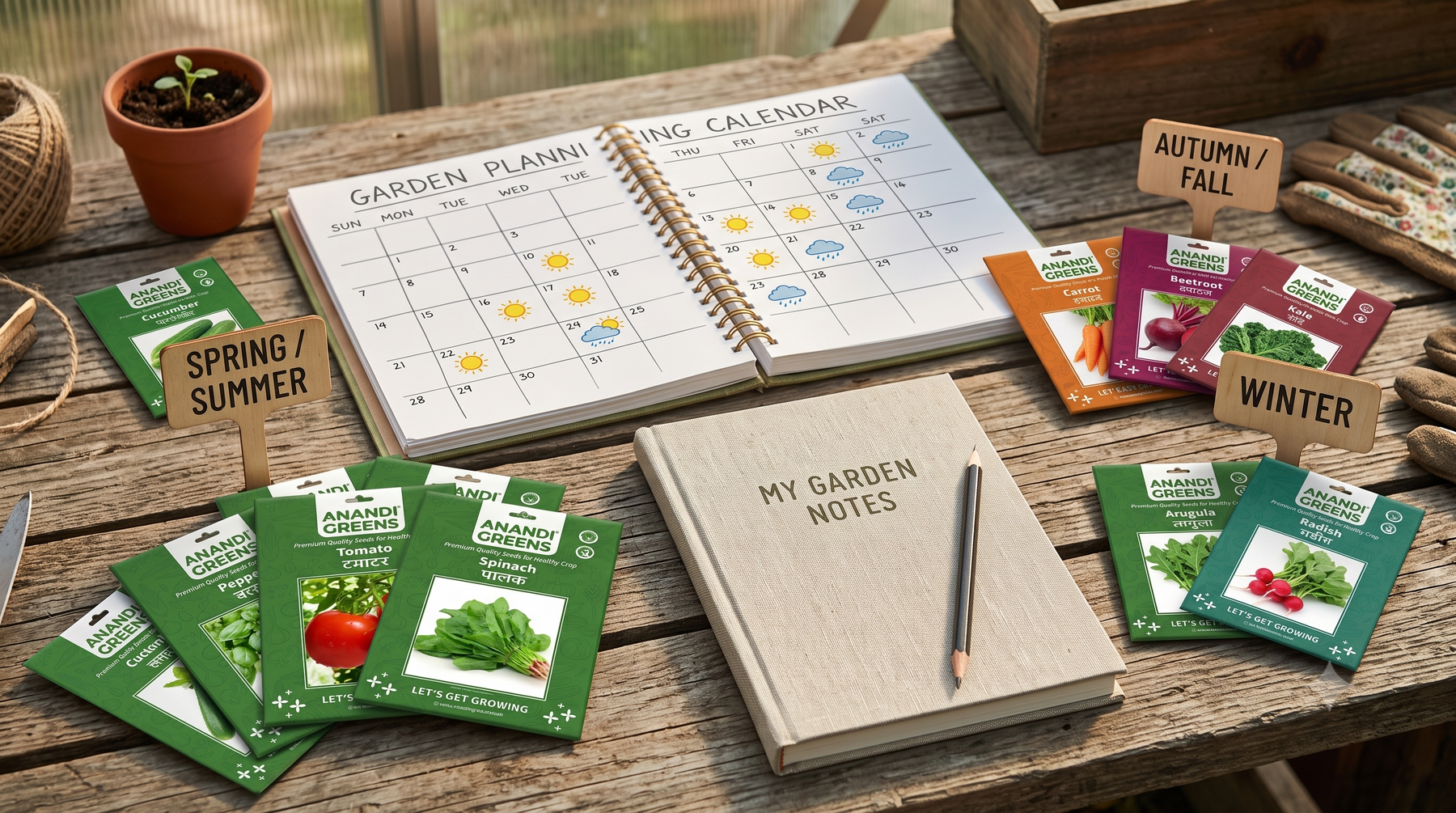 A hand-drawn style sowing calendar showing summer, monsoon, and winter vegetable seed varieties for Indian gardens