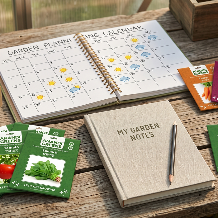 A hand-drawn style sowing calendar showing summer, monsoon, and winter vegetable seed varieties for Indian gardens