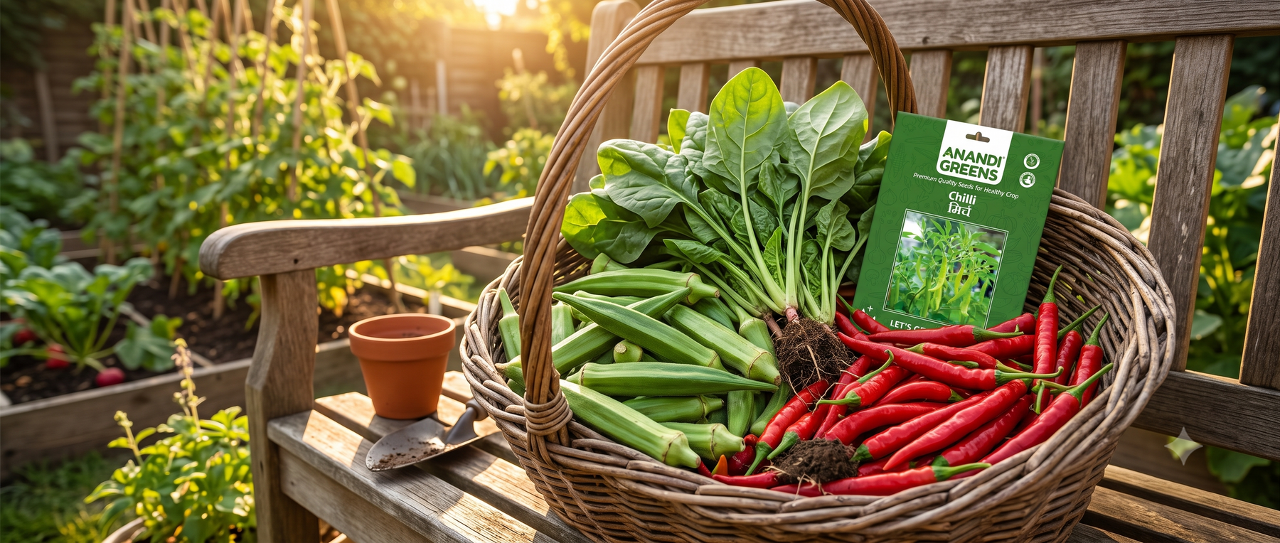 A basket overflowing with home-grown okra, spinach, and chillies harvested from a small vegetable garden