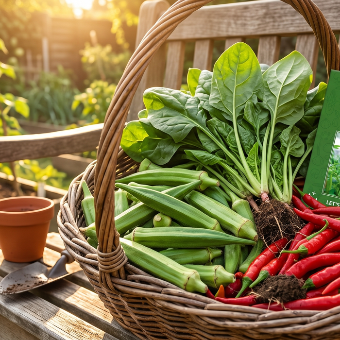 A basket overflowing with home-grown okra, spinach, and chillies harvested from a small vegetable garden