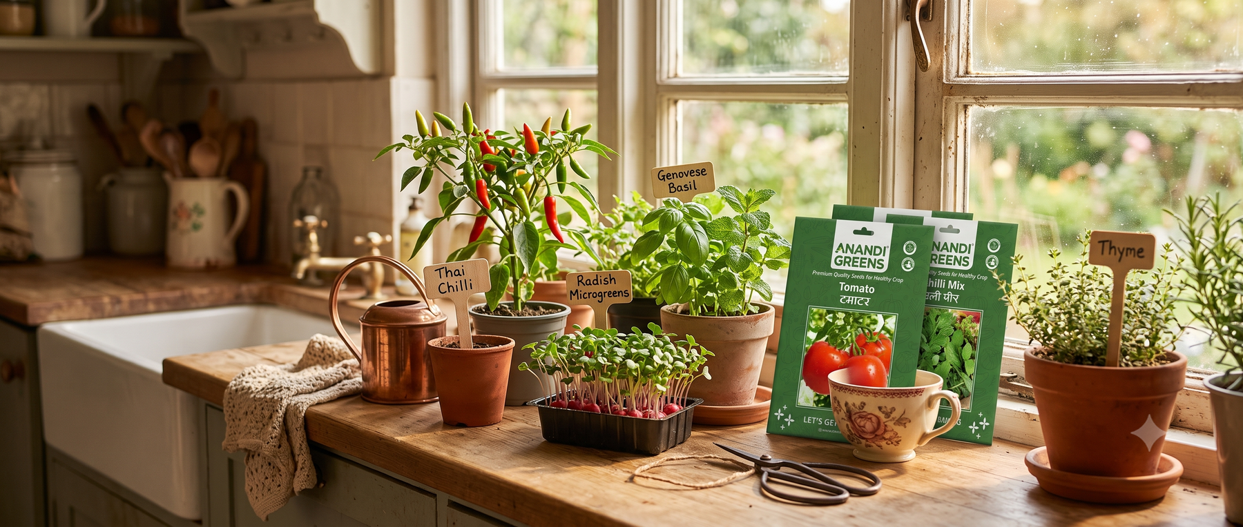 Small terracotta and plastic pots on a windowsill growing chillies, herbs, and radish from vegetable seeds