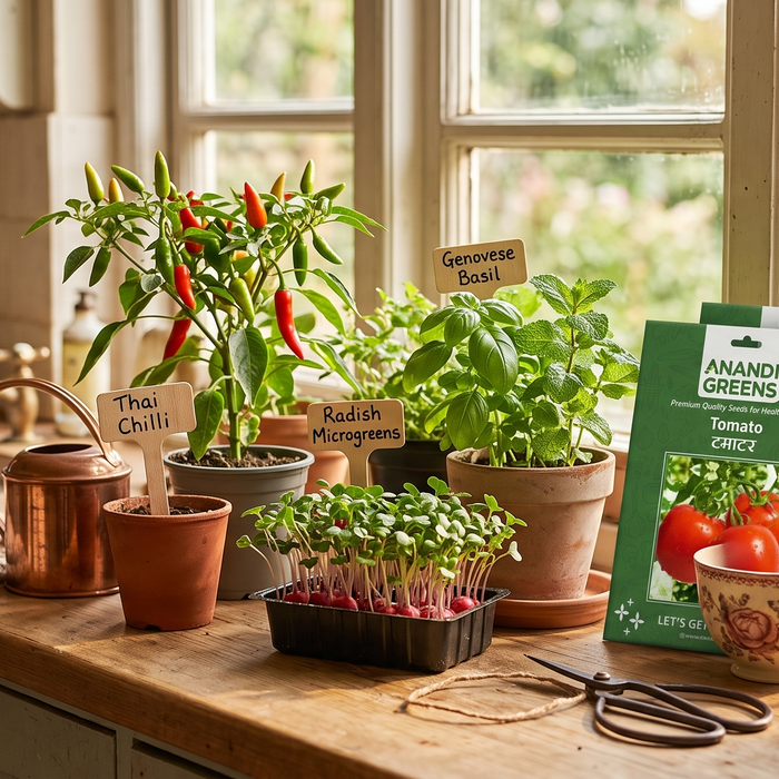 Small terracotta and plastic pots on a windowsill growing chillies, herbs, and radish from vegetable seeds