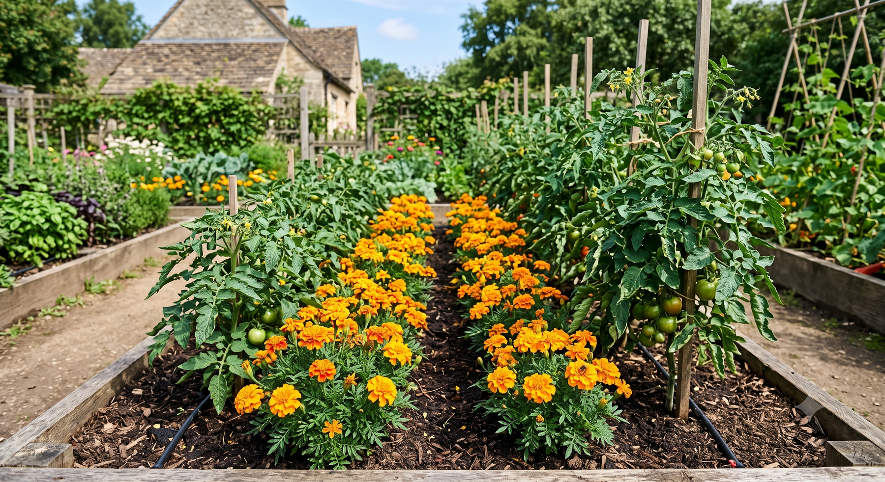 Marigold flowers planted alongside tomato plants as a natural companion planting pest deterrent in a home garden