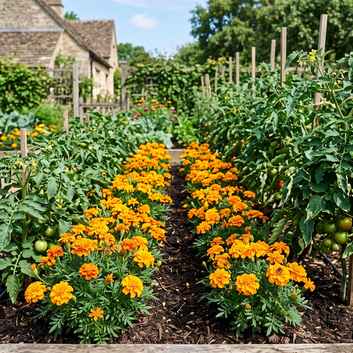 Marigold flowers planted alongside tomato plants as a natural companion planting pest deterrent in a home garden