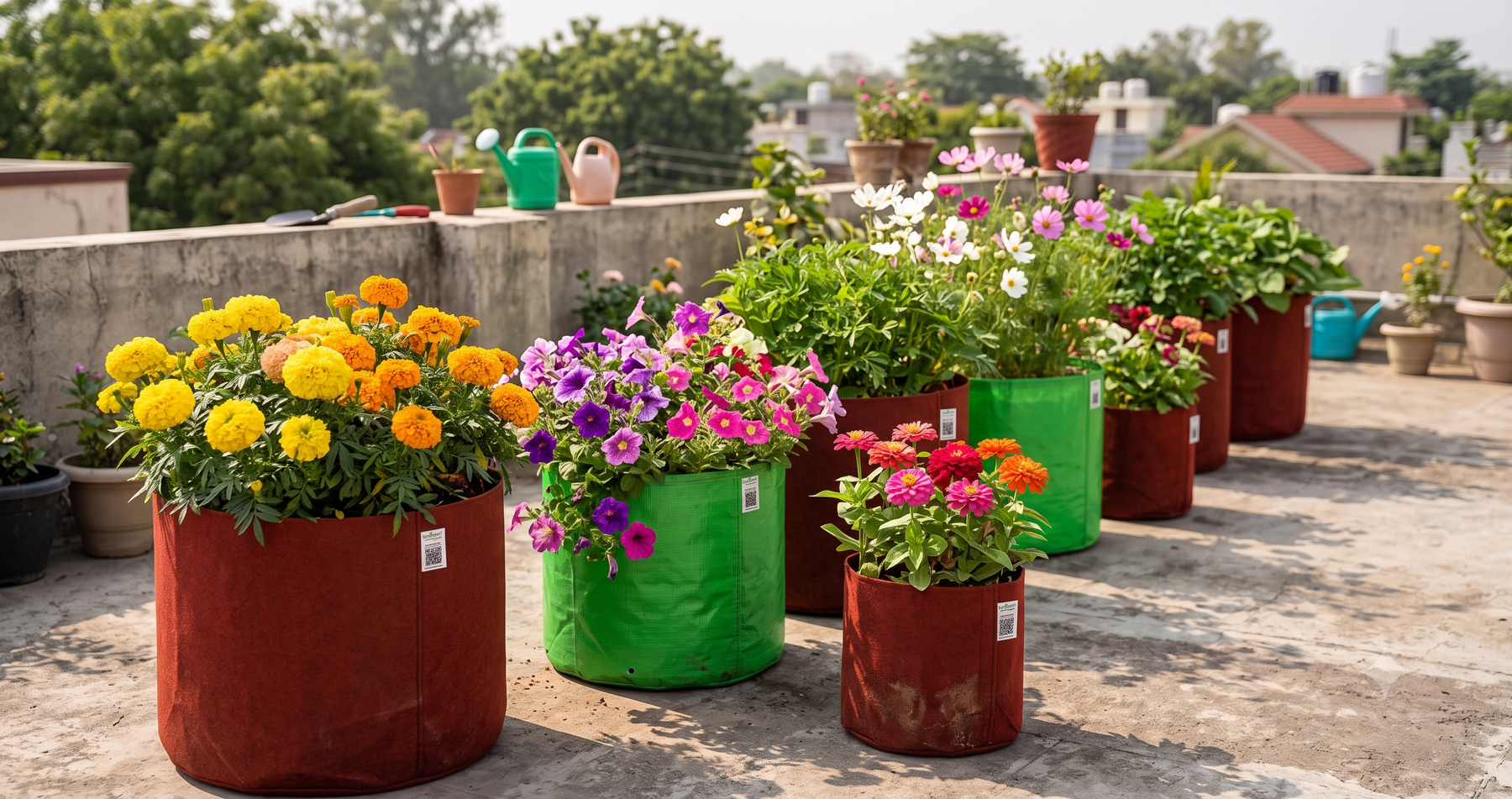 Flower seeds growing successfully in properly paired grow bags