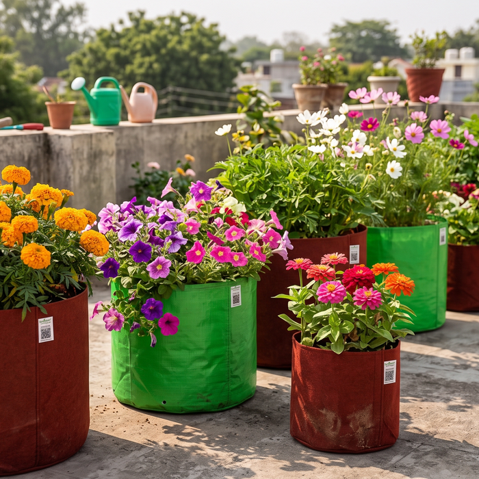 Flower seeds growing successfully in properly paired grow bags