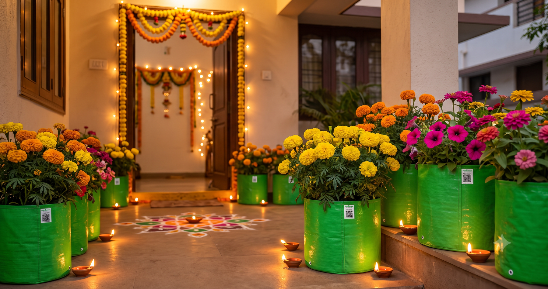 Flowering plants in grow bags decorated for a festive display during Diwali