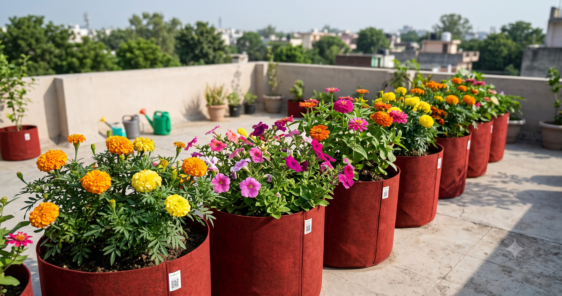 Flowering plants like marigold and petunia growing in grow bags on a terrace