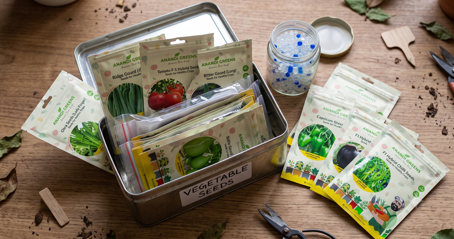 Vegetable seed packets stored properly for long term viability