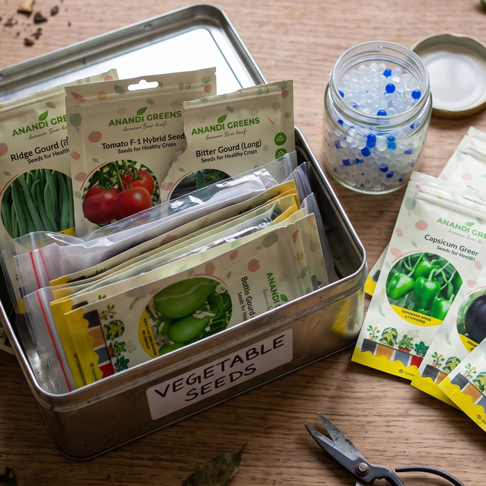Vegetable seed packets stored properly for long term viability