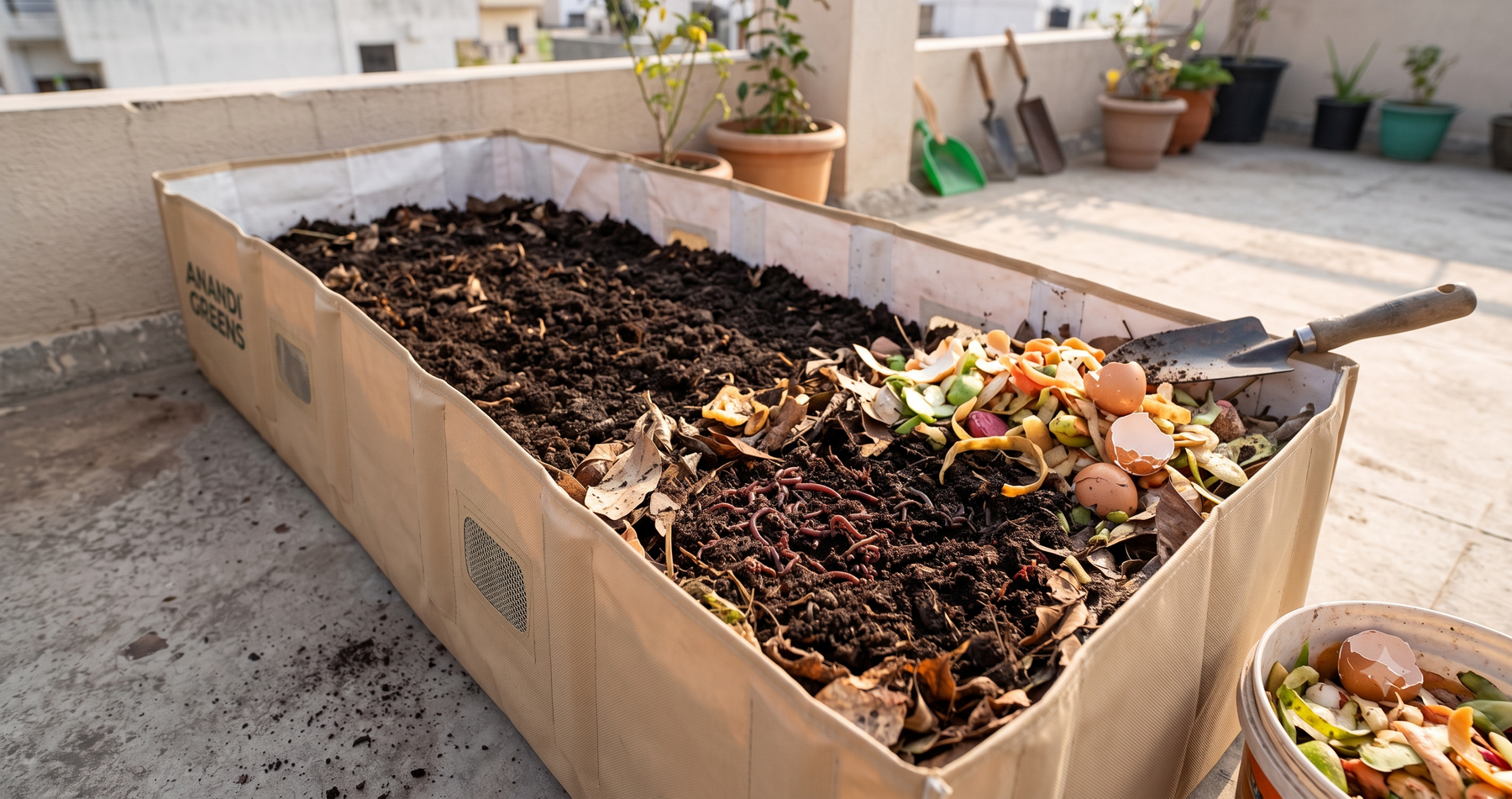 Vermibed used for home vermicomposting with worms and organic waste