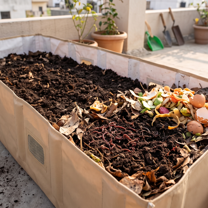Vermibed used for home vermicomposting with worms and organic waste
