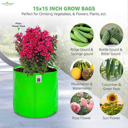 grow bag with plants and vegetables, suitable for gardening.