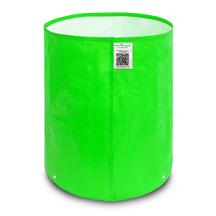 Green fabric grow bag with a QR code label on a white background