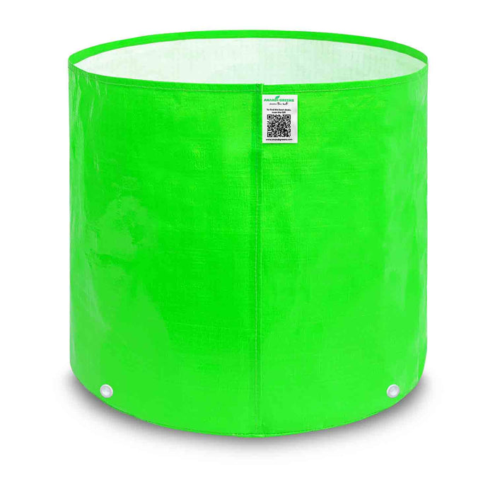 Green fabric pot with a label on a white background