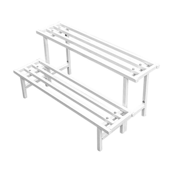 white 2-tier metal plant stand with sturdy frame for indoor and outdoor use