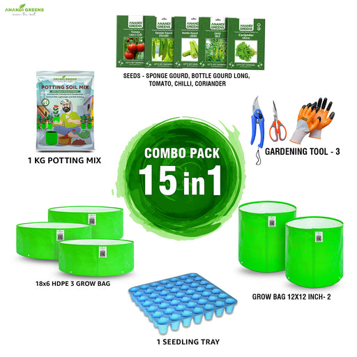 15-in-1 Kitchen Gardening Starter Kit with Grow Bags Vegetable Seeds & tools