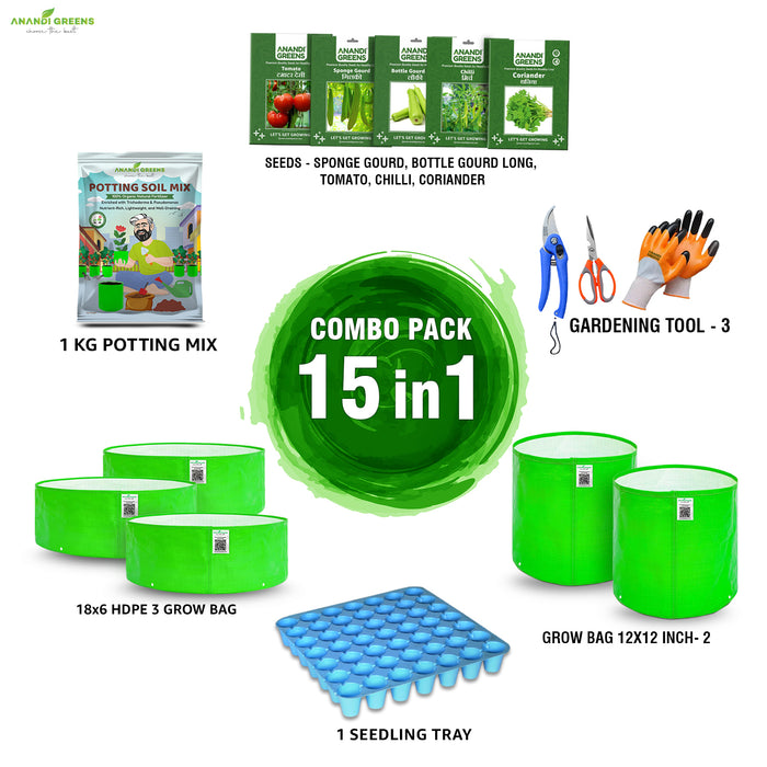 15-in-1 Kitchen Gardening Starter Kit with Grow Bags Vegetable Seeds & tools