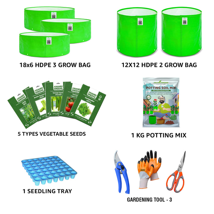 15-in-1 Kitchen Gardening Starter Kit with Grow Bags Vegetable Seeds & tools, Potting mix seedling tray