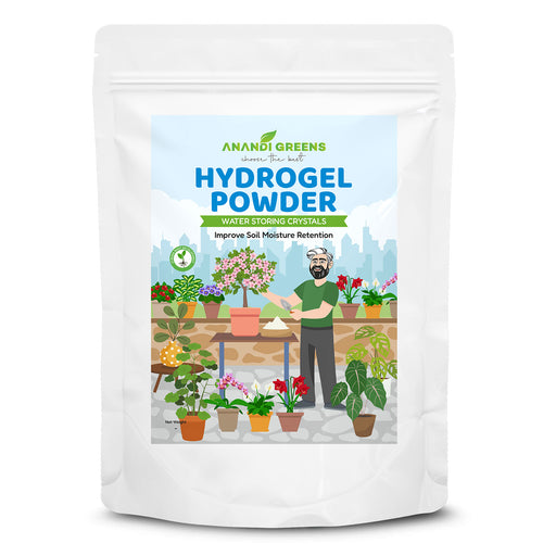 Anand-Greens-Hydrogel-Powder-packaging-with-a-garden-scene-on-the-label