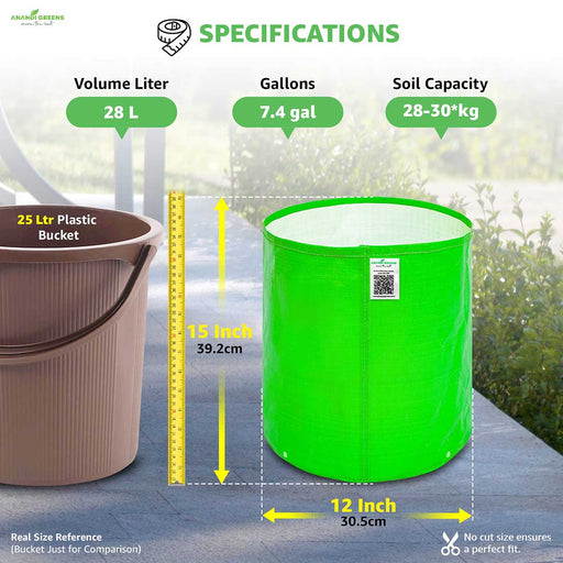 Anandi Greens HDPE Grow Bags with specifications on volume, gallons, and soil capacity, 