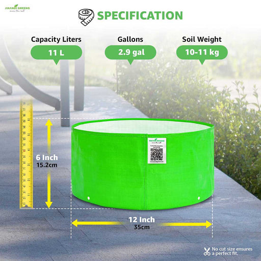 Anandi Greens HDPE Grow Bags with specifications on volume, gallons, and soil capacity, 