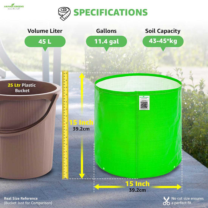 Grow Bag with specifications and size comparison to a plastic bucket.