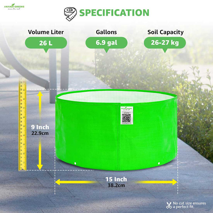 Anandi Greens HDPE Grow Bags with specifications on volume, gallons, and soil capacity, 
