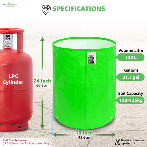 Green cylindrical container with LPG cylinder for size comparison, showing specifications.
