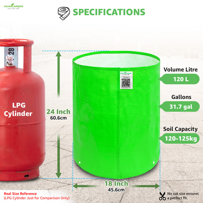 Green cylindrical container with LPG cylinder for size comparison, showing specifications.