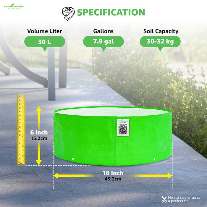 Anandi Greens HDPE Grow Bags with specifications on volume, gallons, and soil capacity, 
