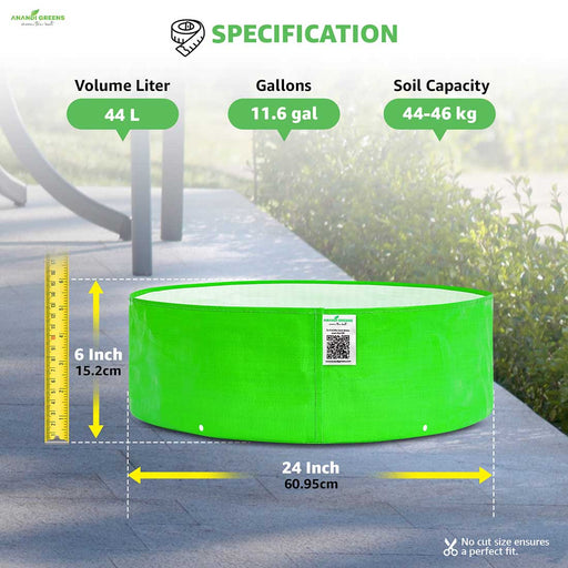 Anandi Greens HDPE Grow Bags with specifications on volume, gallons, and soil capacity, 