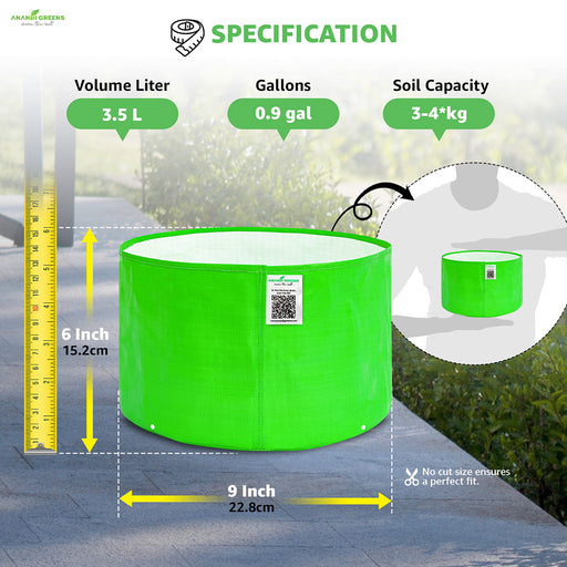Anandi Greens HDPE Grow Bags with specifications on volume, gallons, and soil capacity, 