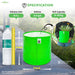 Green collapsible pot with specifications and real size reference on a blurred outdoor background