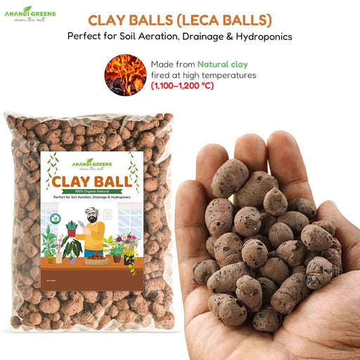 Clay balls with packaging and a hand holding some clay balls, featuring Anand Greens branding.