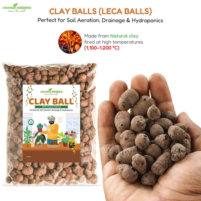 Clay balls with packaging and a hand holding some clay balls, featuring Anand Greens branding.