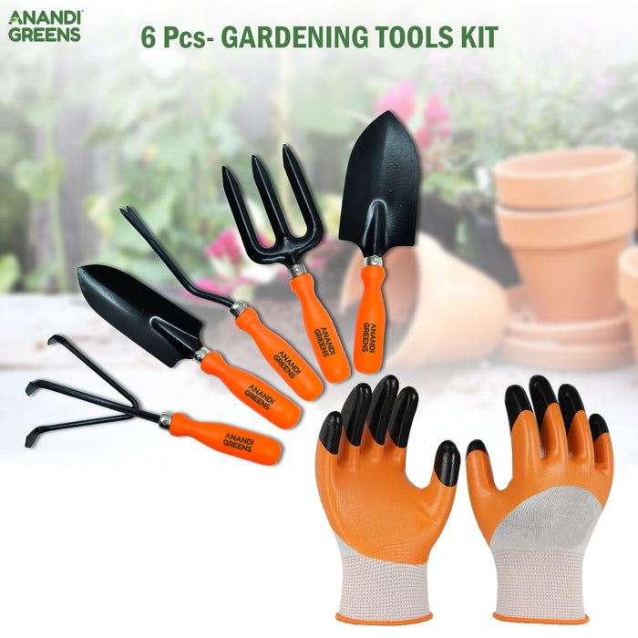 6-Piece Gardening Plastic Handle Tools Kit with Protective Gloves