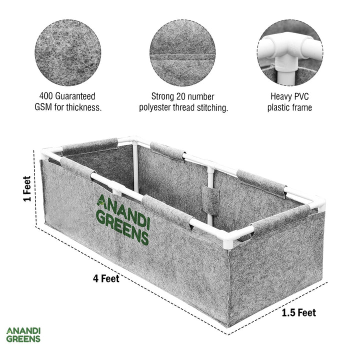 Geo Fabric Rectangular Grow Bag 4x1.5x1ft (400 GSM) with PVC pipe Support