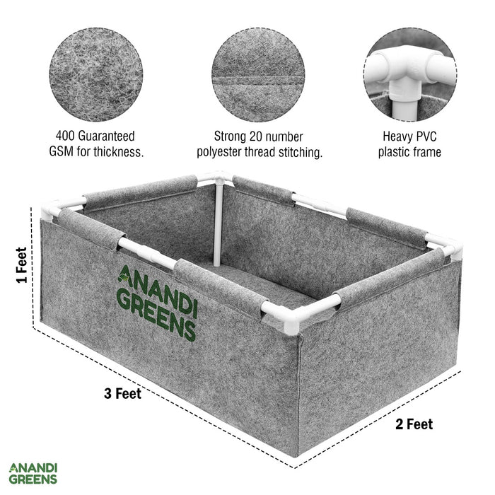 Geo Fabric Rectangular Grow Bag 3x2x1ft (400 GSM) with PVC pipe Support Grey Color